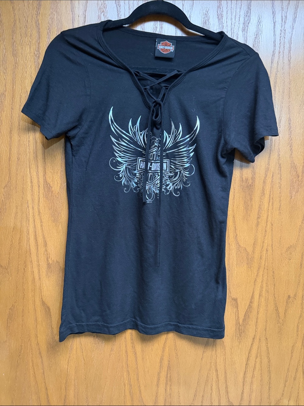 Harley-Davidson Black Lace-Up V-Neck Tee with Silver Wing Graphic